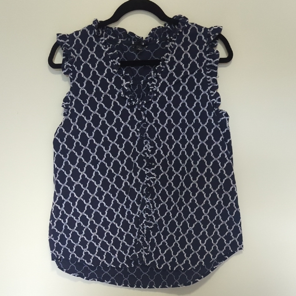 Ann Taylor Navy and White Geometric Blouse